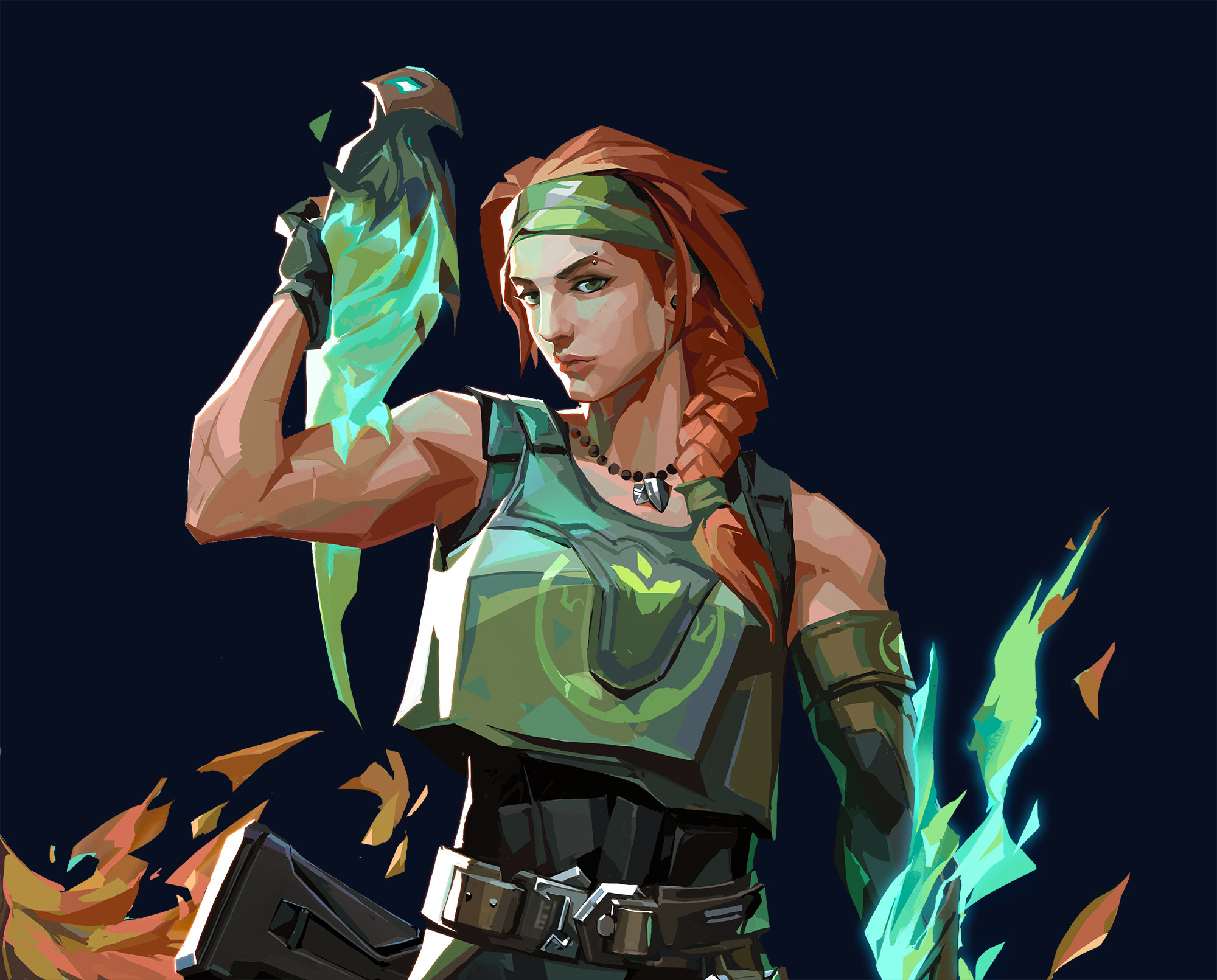 Valorant agent Skye in dramatic key art with green nature elements